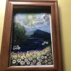 海沿いに広がる花畑　水彩画　絵手紙　原画　ハガキサイズ