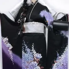 【美品！】◆ 振袖6点セット161cm◆黒白紫成人式前撮りフルセット正絹56BF