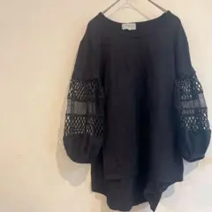 THYME & HONEY【M】袖クロシェ編み チュニック カットソー ブラック