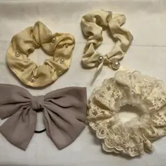 シュシュ・ヘアゴム セット 4点 リボン レース パール