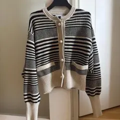 【アダムエロペ】パターンニットカーディガン ボーダー パールボタン　美品