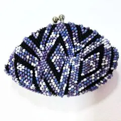 【新品】ハンドメイド 総ビーズ編み がま口ポーチ パープル 幾何学模様