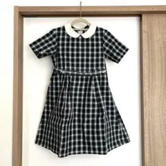 120 130 グリーン　白　チェック　半袖ワンピース 襟つき　ハンドメイド