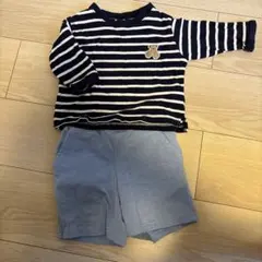 Petit mainベビー服 長袖 ボーダー くまワッペン パンツ セット