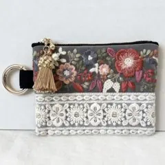 12cmファスナー ミニ ポーチ パス ケース キー ケース インド刺繍 リボン