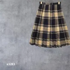 プリーツスカート ロング丈 ウール混 オフィス　チェック　ベージュ×黒　M