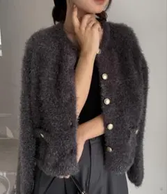 RANAN ゴールドボタンラメシャギーカーディガン グレー　XL