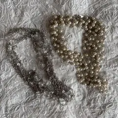 【ロングネックレス】 ①水晶風 ②パール風 2本 おまとめ