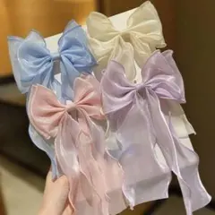 【新品】4色セット　オーガンジー　リボン　バレッタ　ヘアピン　ピンク　水色　黄色