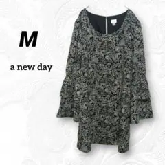 レディース長袖ワンピース【M】花柄 チュニック 海外ブランド 白黒ブラック