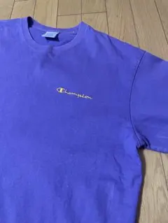 【刺繍ロゴ】Champion Tシャツ M パープル×イエロー 袖ロゴ