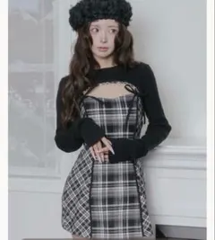 ダーリッチ ニットボレロダブルチェックミニワンピース BLK FL