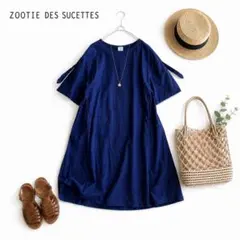 @【F】ZOOTIE DES SUCETTES リネン混 半袖ワンピース 紺系のサムネイル
