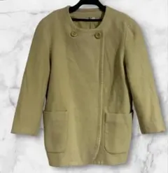 オンワード　メモリー　イエローベージュ ノーカラージャケット ウール混合