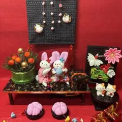 ちりめん細工，うさぎ飾り，台付，ミニタペストリーセット，置き物，