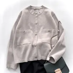 アンフィーロ 洗える 金ボタン ニット ジャケット カーディガン グレージュ