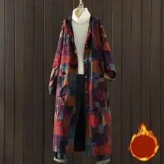 コート レディース ボアコート 裏起毛 ジャケット プリント柄 レッド