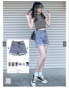 ロールアップヘムハイウエストデニムショートパンツ[at703]