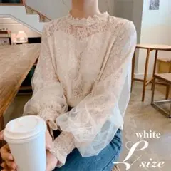 DAZY レース ランタン袖ブラウス Lサイズ メッシュ ホワイト 春夏秋