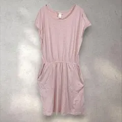 レディース ワンピース ピンク 半袖 膝丈 ポケット付 ウエスト切替 春夏 S