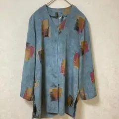 青い抽象パターン長袖シャツ ロング ブラウス Lサイズ 春秋 レトロ