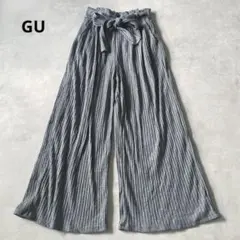 GU レディース リブ編みグレー ワイドパンツ リボン付き