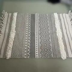 ブルーグレー×アイボリー ラグ フリンジ付き ウールミックス 130×190