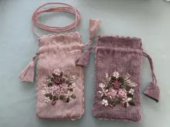 ベネチアン 花柄刺繍の巾着袋 2色セット