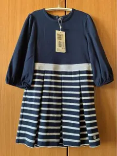 未使用タグ付き プチバトー ネイビー ストライプ 七分袖 ワンピース