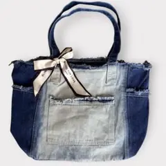 デニム トートバッグ 大容量 フリンジ ヴィンテージ風 A4収納 マザーズバッグ