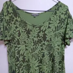 mani puā グリーン葉柄半袖ミディー丈 ワンピース　L