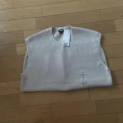 ベージュ ノースリーブ リブ編みベスト M 新品
