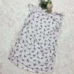 H&M 【L】鳥柄プリント ノースリーブ チュニック フリル袖