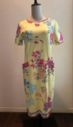 美品 レオナール シャツワンピース 金ボタン トリム 花 ロング 半袖 橙
