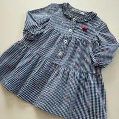 美品★80cm familiar 紺ギンガムチェック長袖ワンピース
