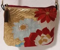 赤 水色 白 花模様織出し着物　帯リメイク 和風ポーチ ミニショルダーバッグ