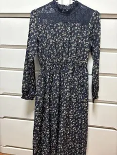 C・O・L・Z・A ネイビー 花柄 長袖 ロングワンピース首回りレース生地M