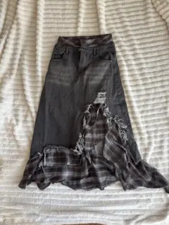 デニムチェック切り替えロングスカート　Y2K グランジ