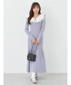 フリル襟付きロングワンピース グレーッシュブルー Fサイズ　アース