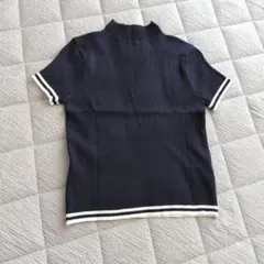 新品ネイビー 半袖 リブニット ハイネック ライン入り