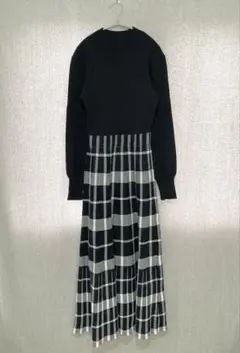 美品✦BLUE EAST ニットワンピース S 黒ブラック チェック柄 マキシ丈