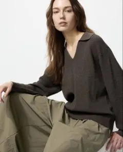 ユニクロ ウォッシャブルニットリブポロセーター　ブラウン L