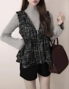 GRL グレイル　ラメツイードペプラムジップアップベスト