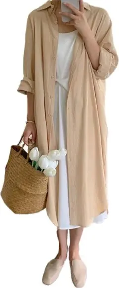 羽織り シャツワンピース L 長袖 ロングシャツ ワンピース ピンク ポケット付