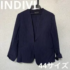 INDIVI ストライプ　ノーカラー　ジャケット　44サイズ 大きめサイズのサムネイル