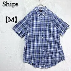 Ships 【M】半袖シャツ M ブルー系 チェック柄　アメリカ製　古着