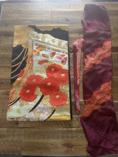 帯・帯締め・帯揚げセット／黒 花 金 赤 橙色のサムネイル