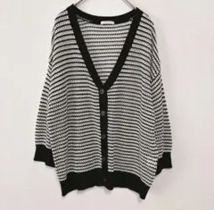 カーディガン L 七分袖 ストライプニット 白黒