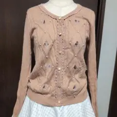 axes femme 透かし編みニットカーディガントランプモチーフ淡ピンク