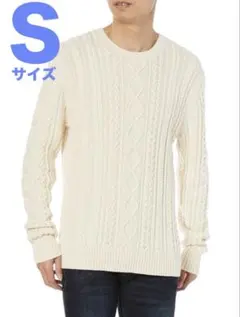 ニットセーター 長袖 Sサイズ オフホワイト クルーネック リブ編み メンズ